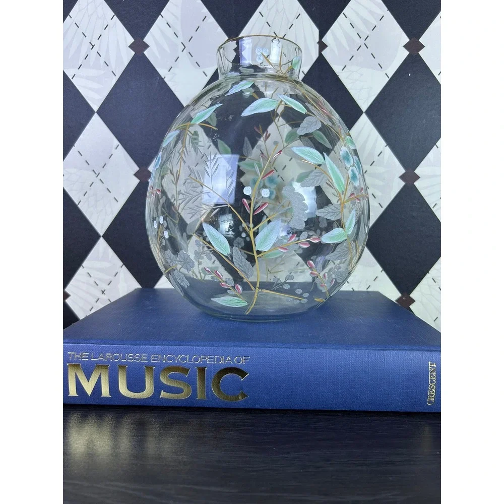 Anthropologie Bella Handpainted Floral Glass Vase Large 9.5 Inch